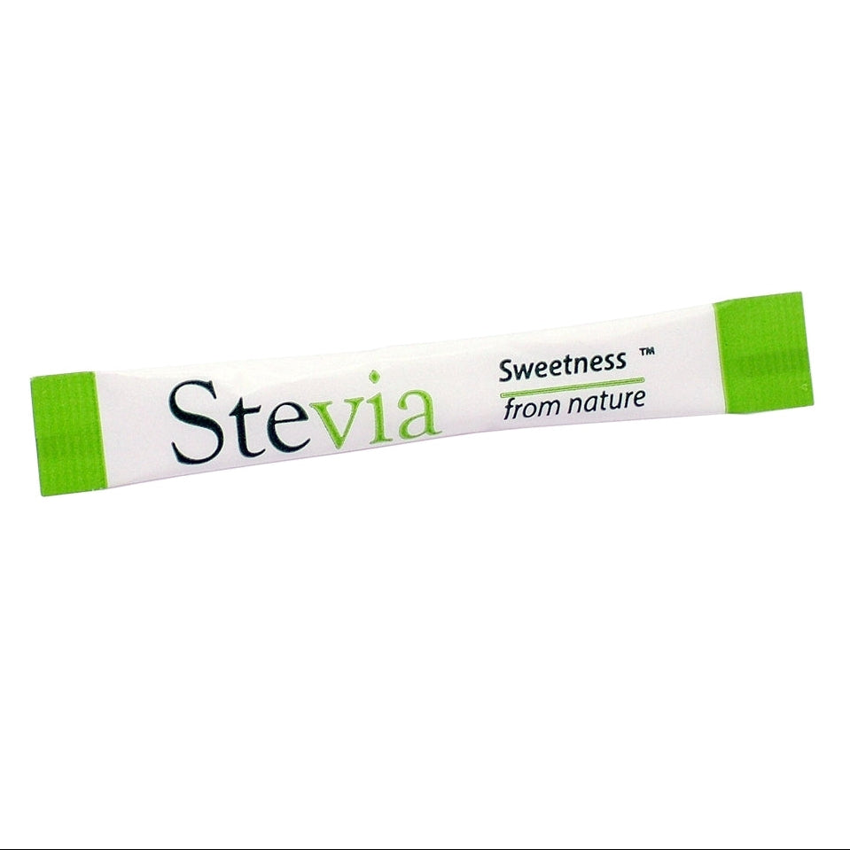 A tube of Stevia sweetener with a green and white label, highlighting the brand name and the word 'Natural' from nature.