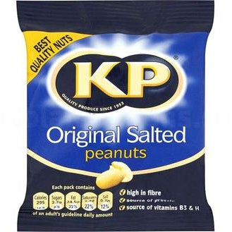 A package of KP Original Salted peanuts. The packaging is predominantly blue with the KP logo in white.