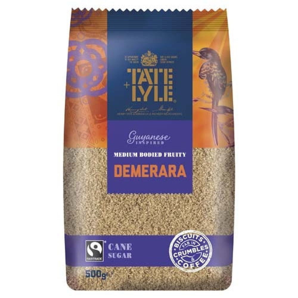 A package of Tate & Lyle Demerara Sugar, 500g, with branding and product information on the label.