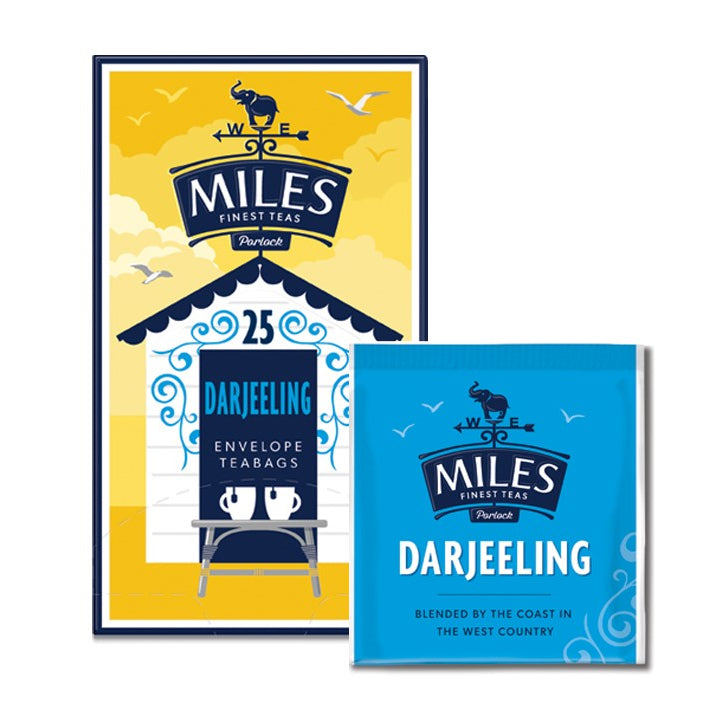 Packaging for Miles Darjeeling tea, showing the brand logo, a house illustration, and a cup of tea. The background is yellow with a blue sky and birds.