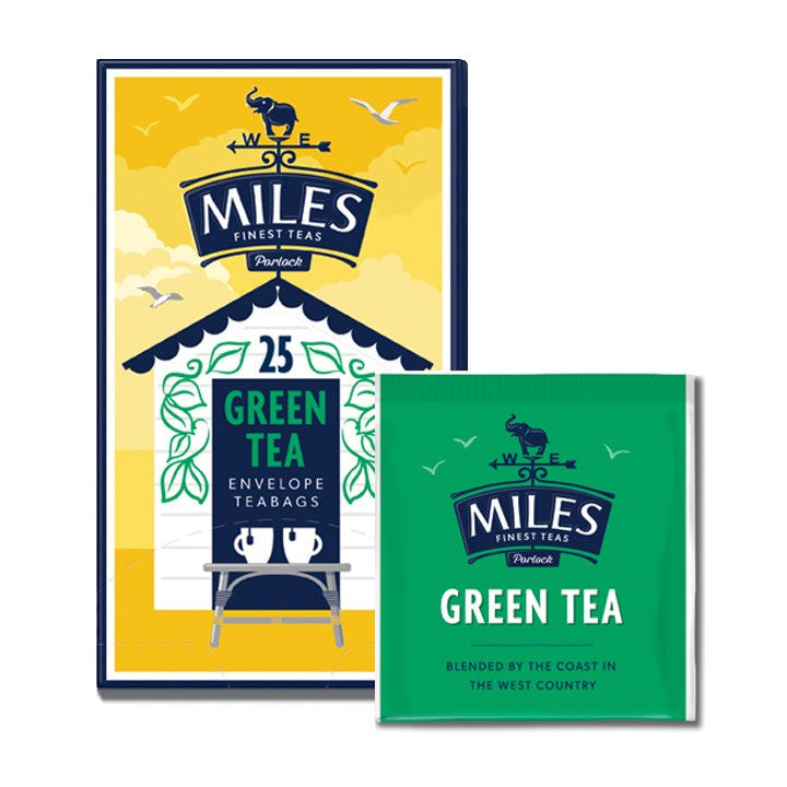 Packaging of Miles green tea, featuring a box and a single tea bag with brand and product name, against a white background.
