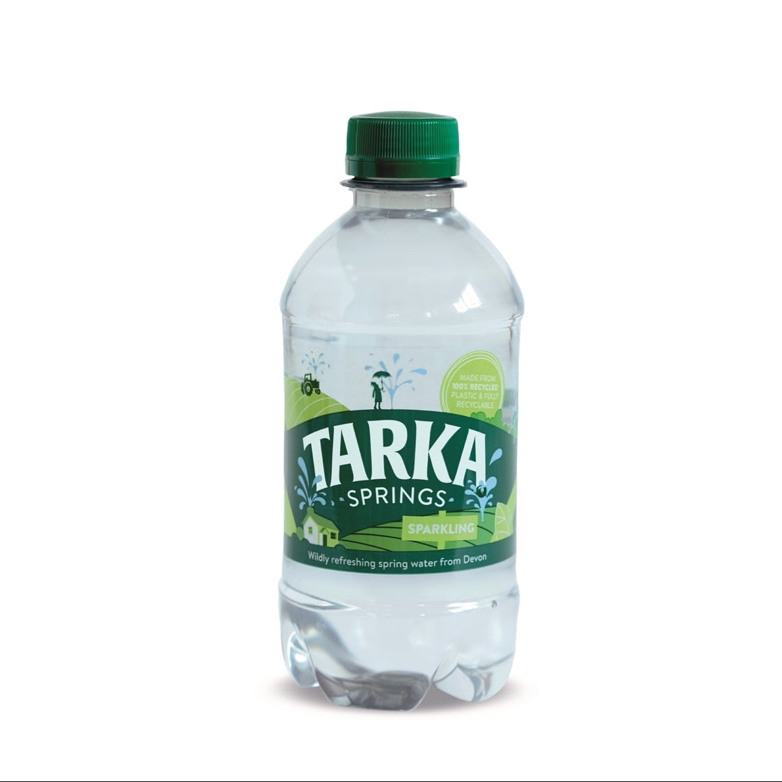 A clear plastic bottle of TARKA sparkling water, 330ml, with a green cap and label.