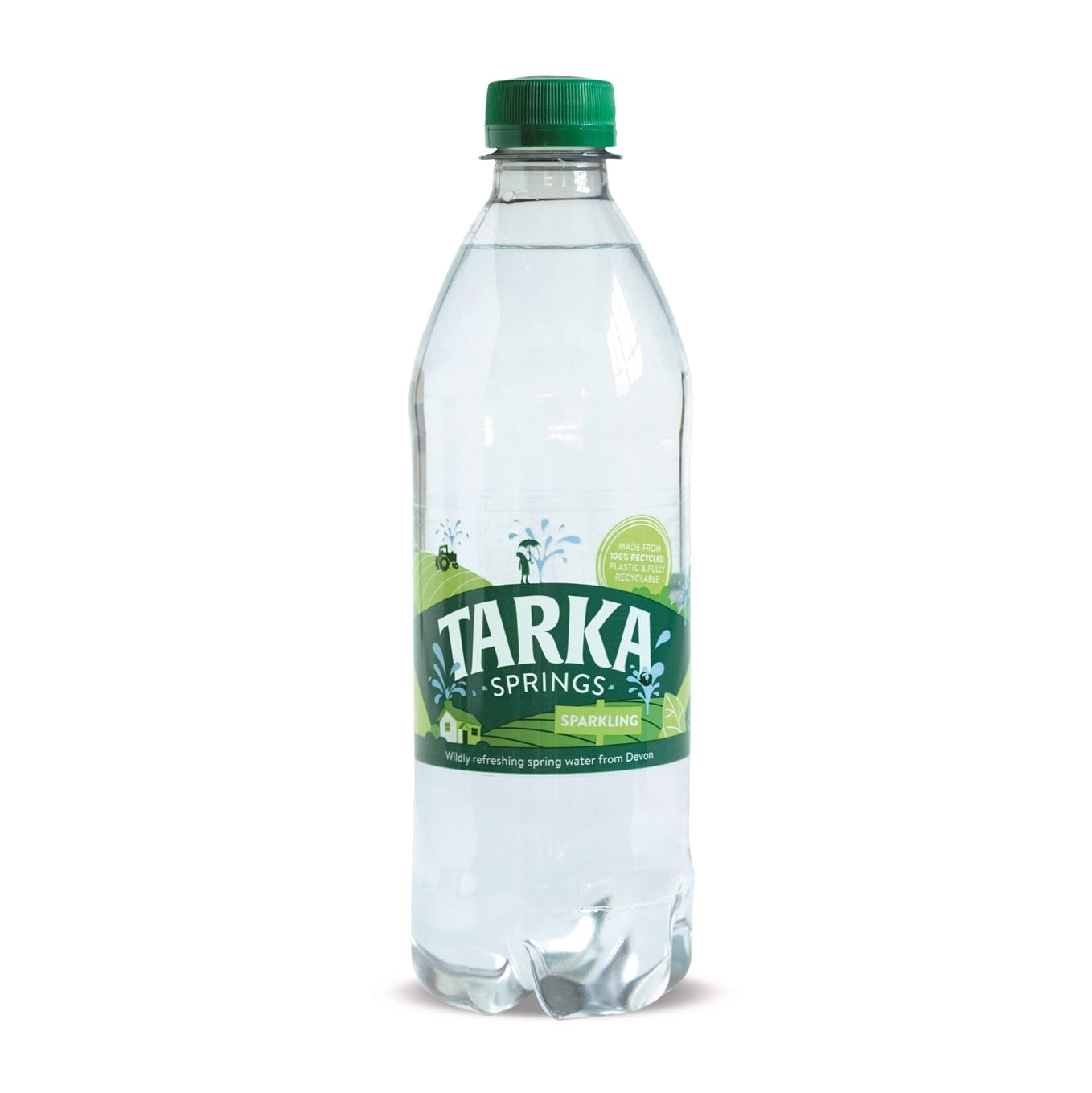 A clear plastic bottle of TARKA sparkling water with a green cap. The label includes the brand name and the words 'SPARKLING' and '100% RECYCLED'.