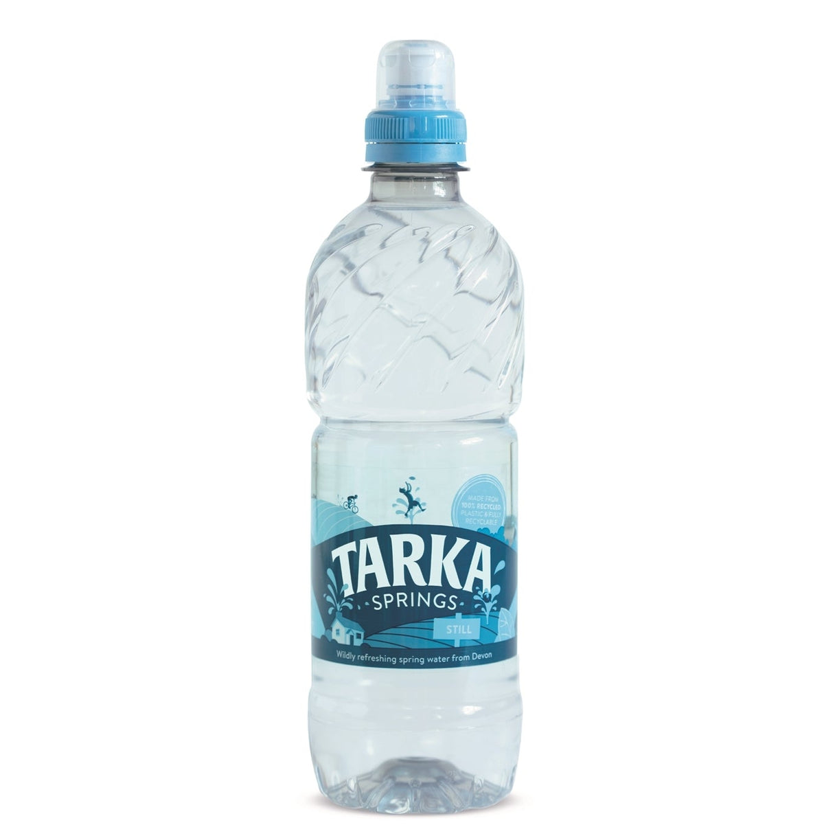 A plastic bottle of TARKA spring water with a sports cap, labeled 500ml.