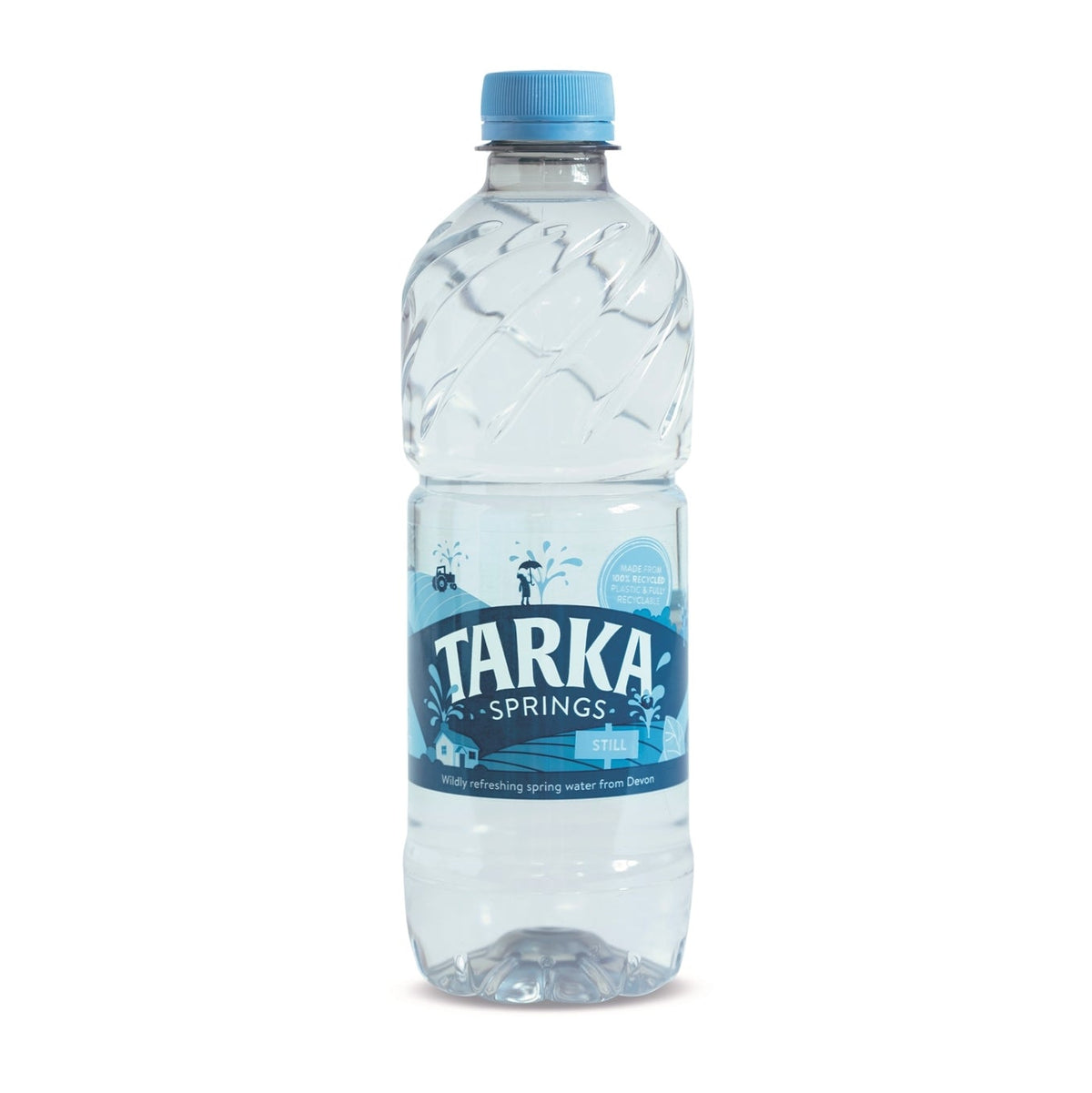 A 500ml plastic bottle of TARKA water with a blue cap and label, on a white background.
