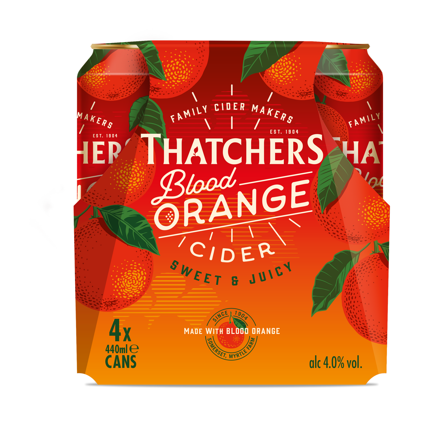 Packaging for Thatchers Blood Orange Cider showing a box with images of blood oranges and leaves, indicating a 4 pack of 440ml cans with a 'Sweet & Juicy' flavor.