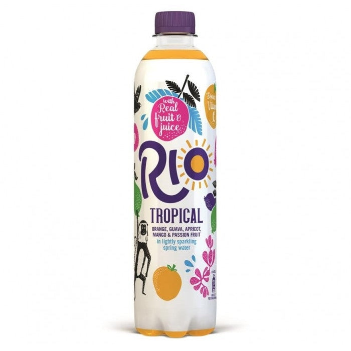 A plastic bottle of RIO Tropical flavored drink, with a colorful label displaying the brand name and images of fruits such as passion fruit, pineapple, mango, and orange.