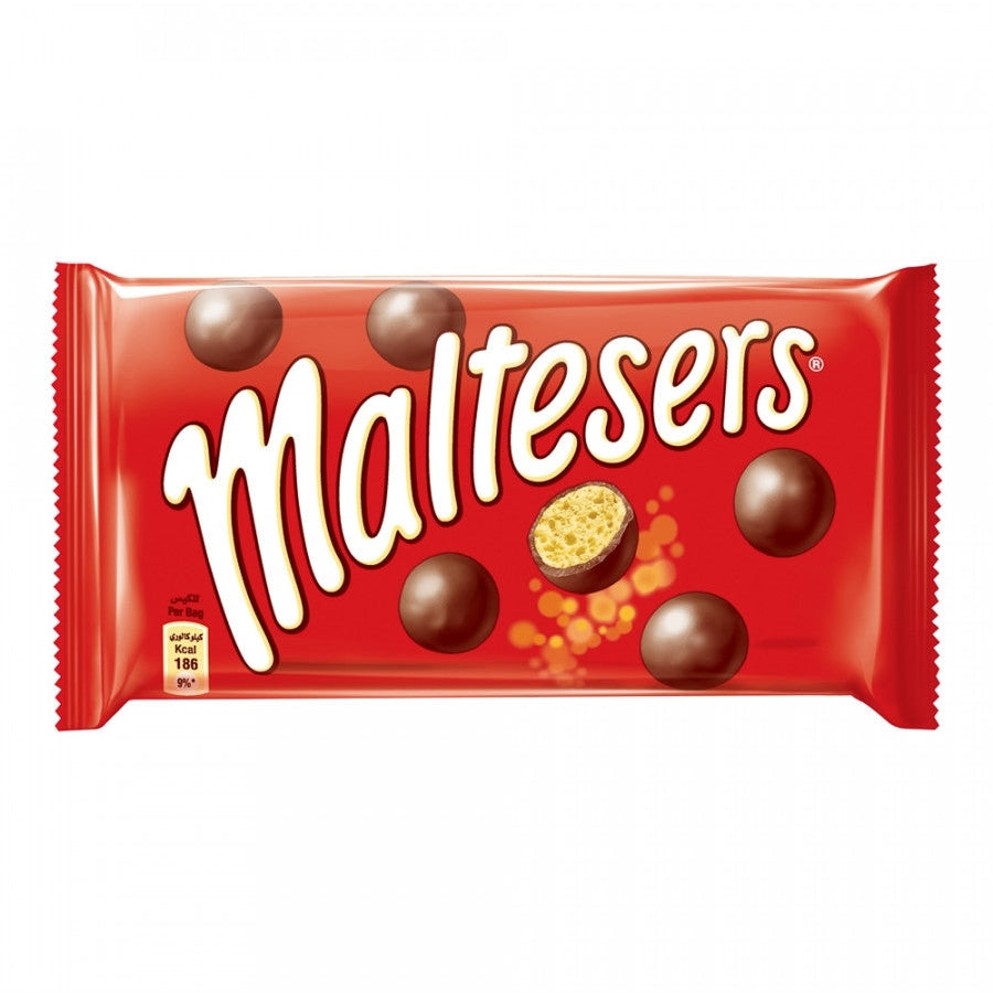 A Maltesers malted milk chocolate bar with a red packaging and visible malted milk balls inside.