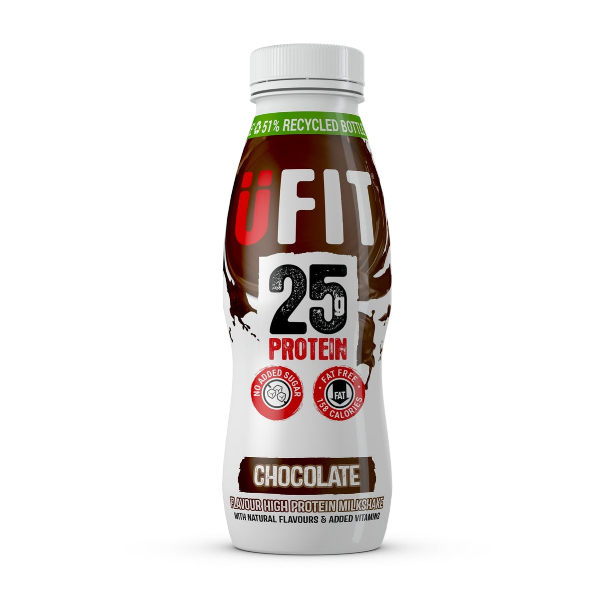 A carton of UFIT PROTEIN SHAKE CHOCOLATE flavor, 25% protein content, with branding and logos indicating it's a part of the 'Chocolate Lovers' collection.