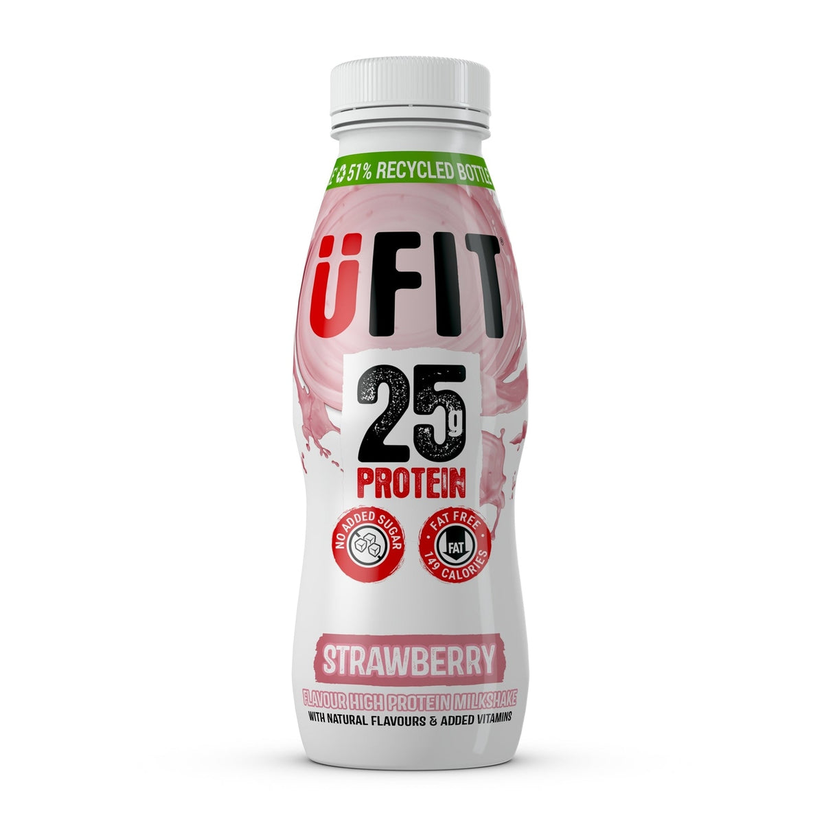 A pink and white UFIT protein shake bottle with 'Strawberry' flavor indicated and 25 grams of protein mentioned on the label.