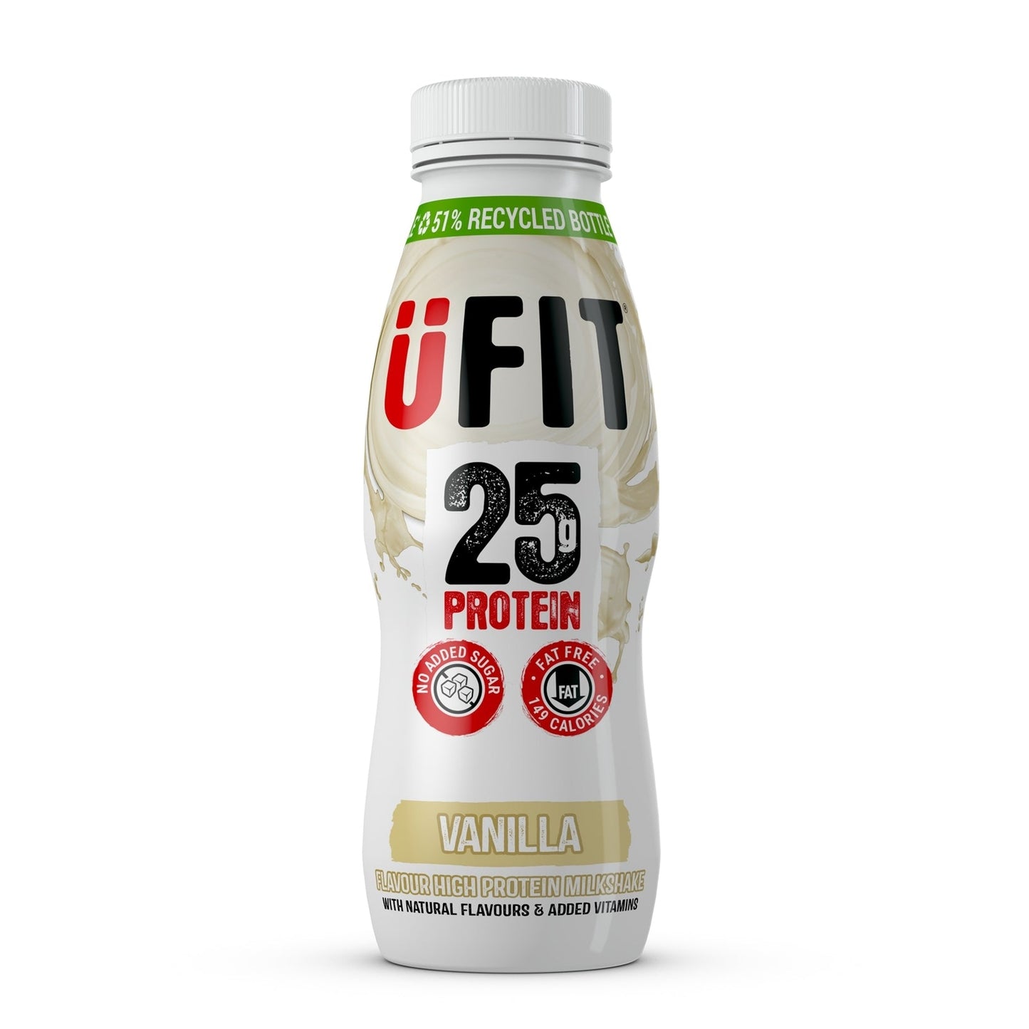 A bottle of UFIT PROTEIN SHAKE VANILLA flavor with the labeling visible, indicating 25g protein, 10x 330ml bottles, and vanilla flavor.