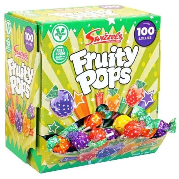 A box of Swizzels Fruity Pops candies dispensed from a dispenser, showing various colorful candies.