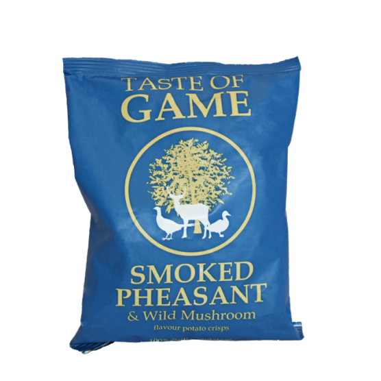 A pack of Taste of Game smoked pheasant and wild mushroom flavored crisps.