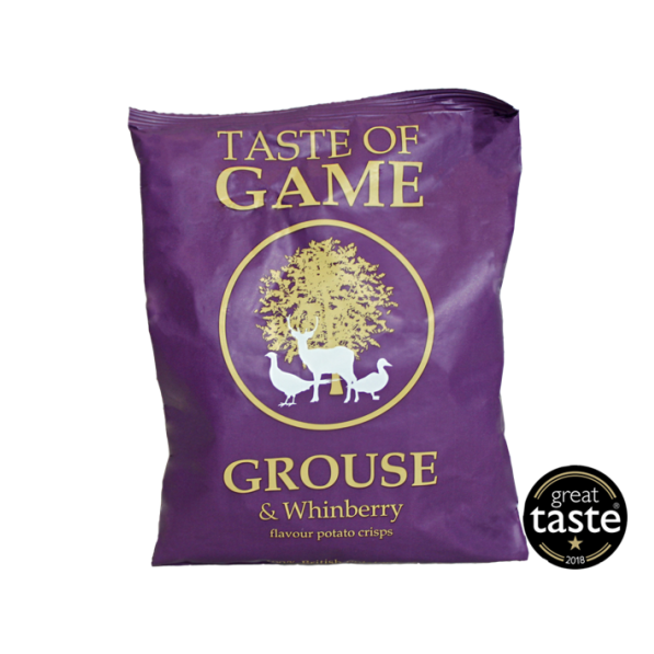 A pack of Taste of Game grouse and whinberry flavored crisps. The packaging is purple with an image of a grouse and whinberries.