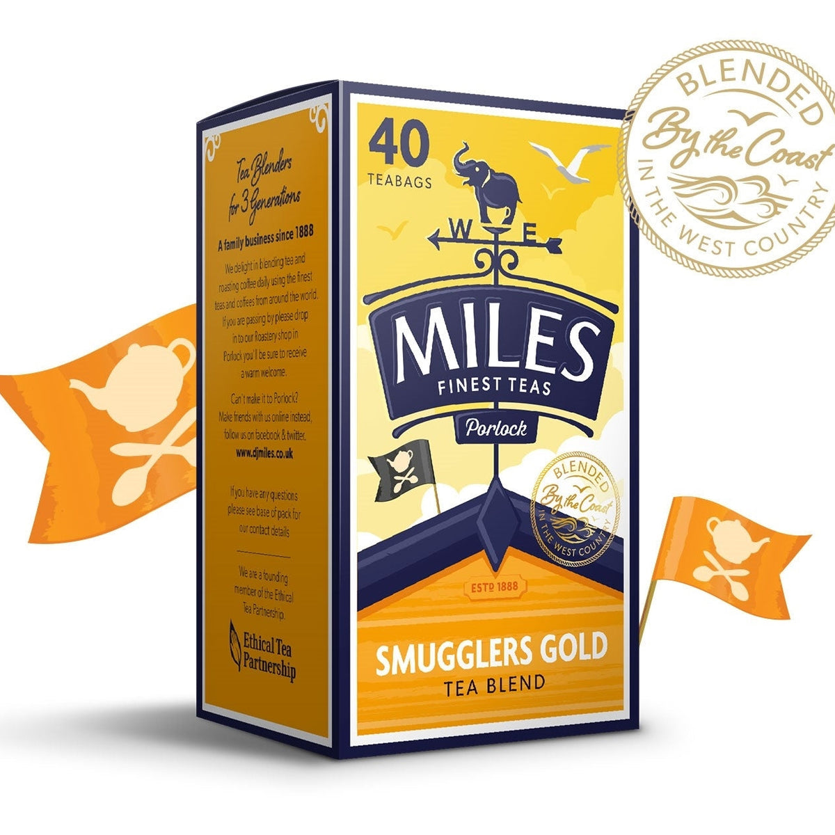 A box of Miles Smugglers' Gold tea blend with a yellow and orange design, featuring a tea pot and a compass graphic, indicating a blend of Assam, Kenyan and Ceylon tea leaves.
