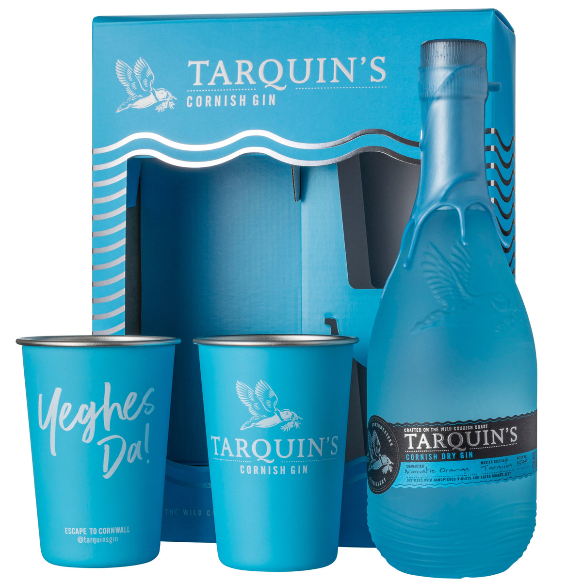 Blue Tarquin's Cornish Gin bottle with two tumblers in a branded box on a white background