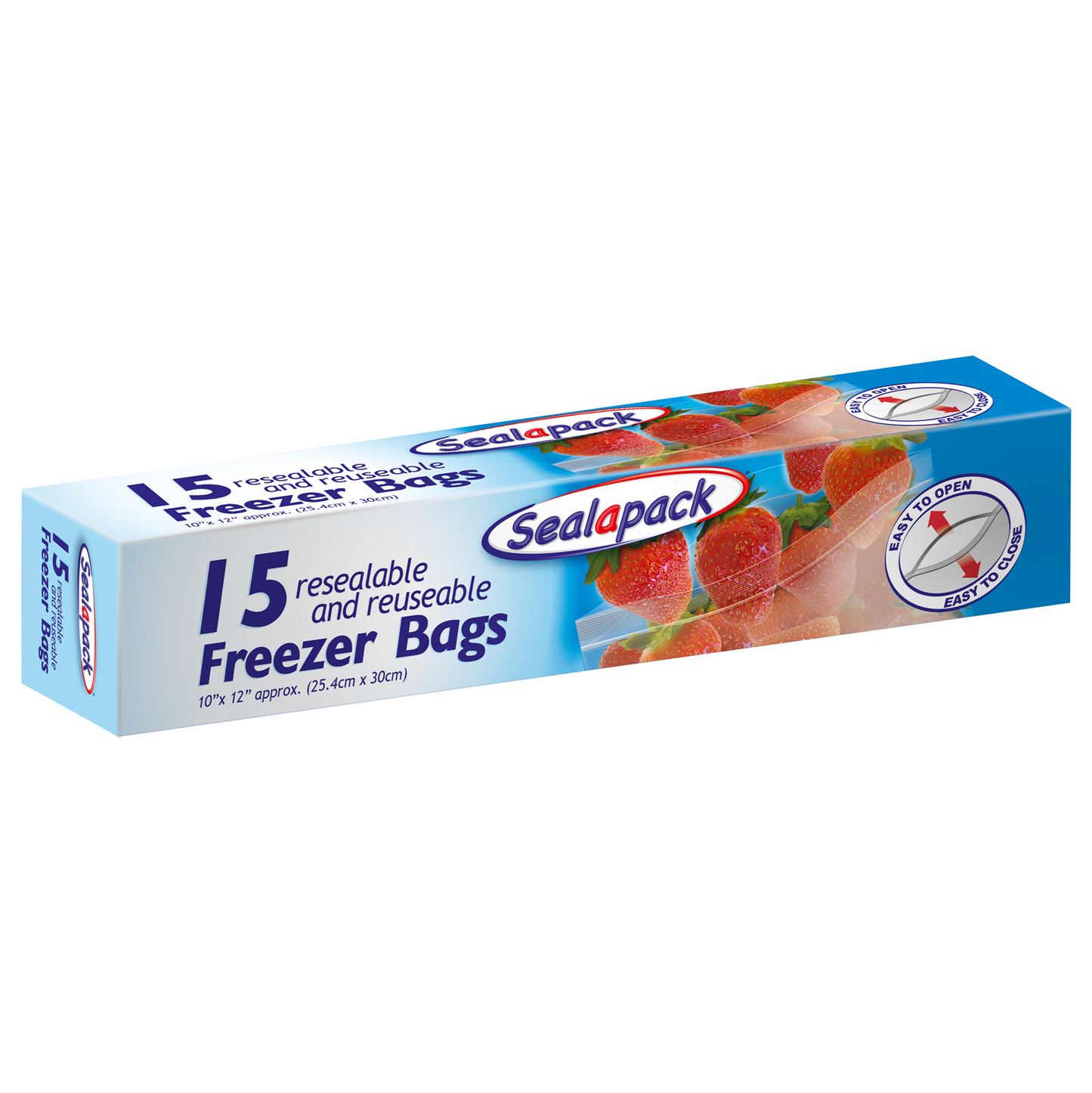 A pack of 15 reusable SEALAPACK freezer bags with a graphic of strawberries on the front.