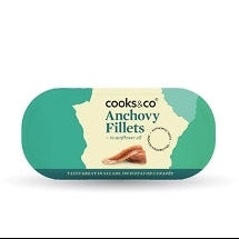 A packaged product labeled 'COOKS & CO Anchovy Fillets' in a green and white box.
