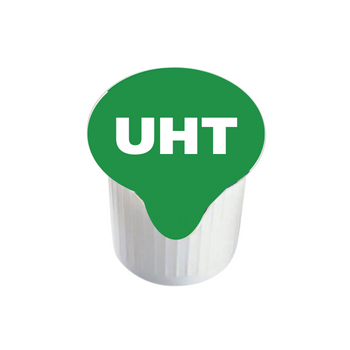 A small, white disposable cup with a green lid labeled 'UHT'.