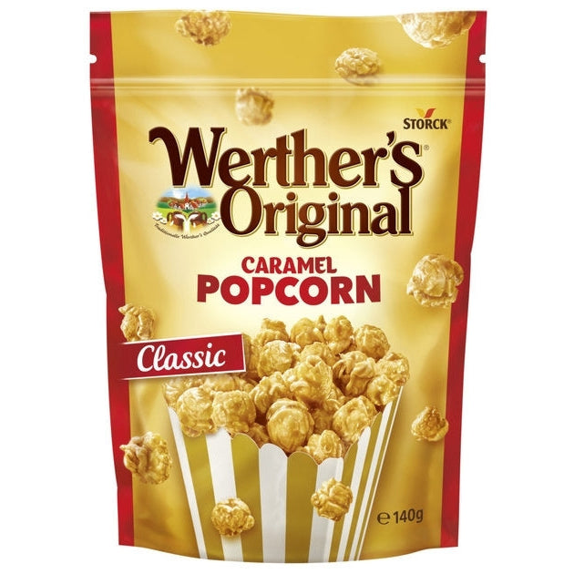 A package of Werther's Original Caramel Popcorn. The packaging is predominantly yellow with images of popcorn and the product name displayed prominently.