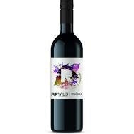 This image features a bottle of REWILD MALBEC wine, presented in a sleek and appealing design. The dark bottle accentuates the vibrant purple label, which includes the name "REWILD" and "MALBEC" prominently displayed, suggesting the variety of the wine.