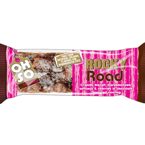 A packaged rocky road bar with visible chocolate pieces, marshmallows, and nuts.