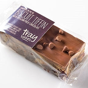 Packaged Traybakes Wrapped Biscuit Tiffin with milk chocolate chips on top, presented on a white background.