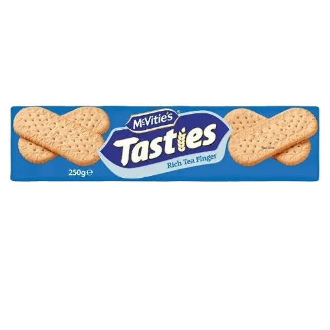 Packaging of McVitie's Tasties Rich Tea Finger biscuits showing the product and brand name with a weight indication of 250g.