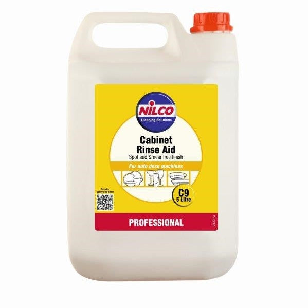 A 5-liter plastic container of NILCO Cabinet Rinse Aid with a yellow label, orange cap, and branding details.