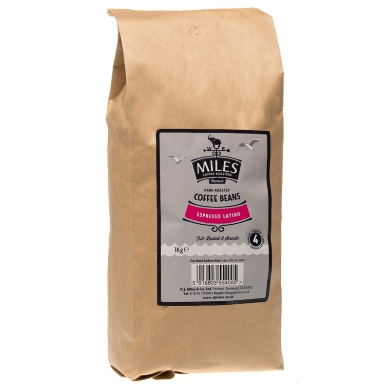 A 1kg bag of Miles Espresso Latino beans with a label displaying the brand name, product type, and additional information.