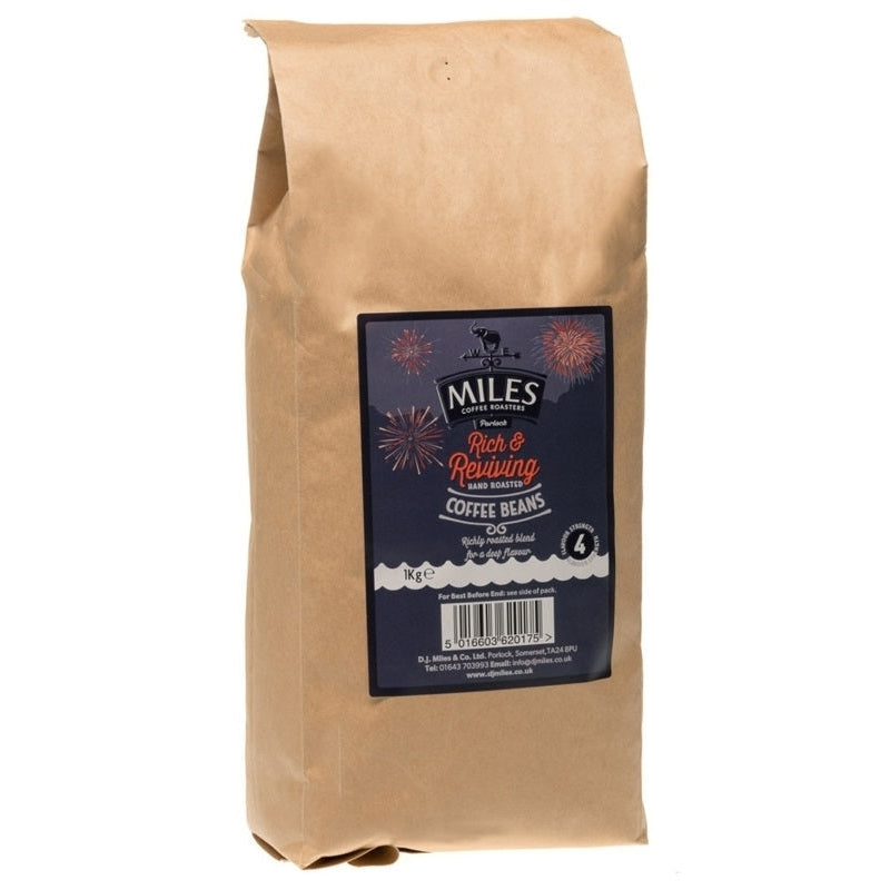 A beige package of Miles Rich & Reviving Coffee Beans, weighing 1kg.
