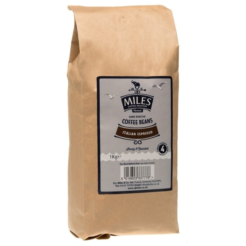 A beige package of Miles Italian Espresso coffee beans weighing 1kg.