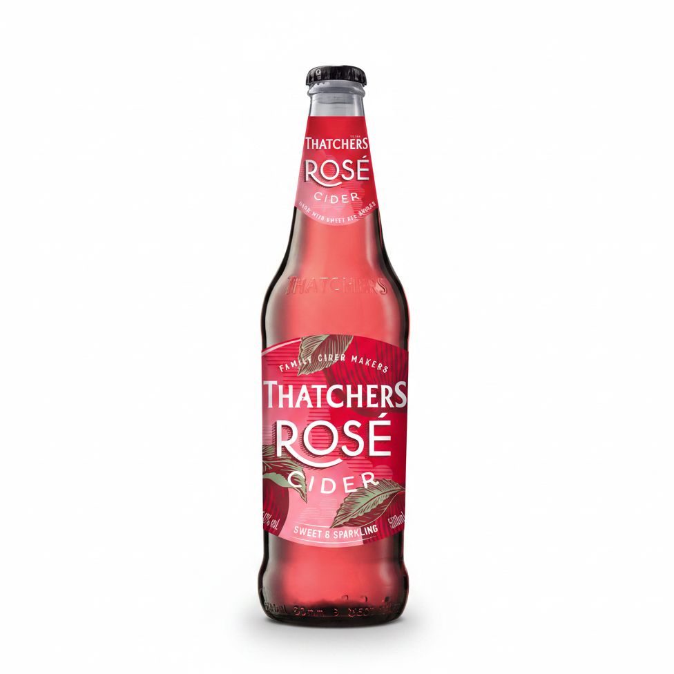 A bottle of Thatchers Rose cider with a pink label and branding.