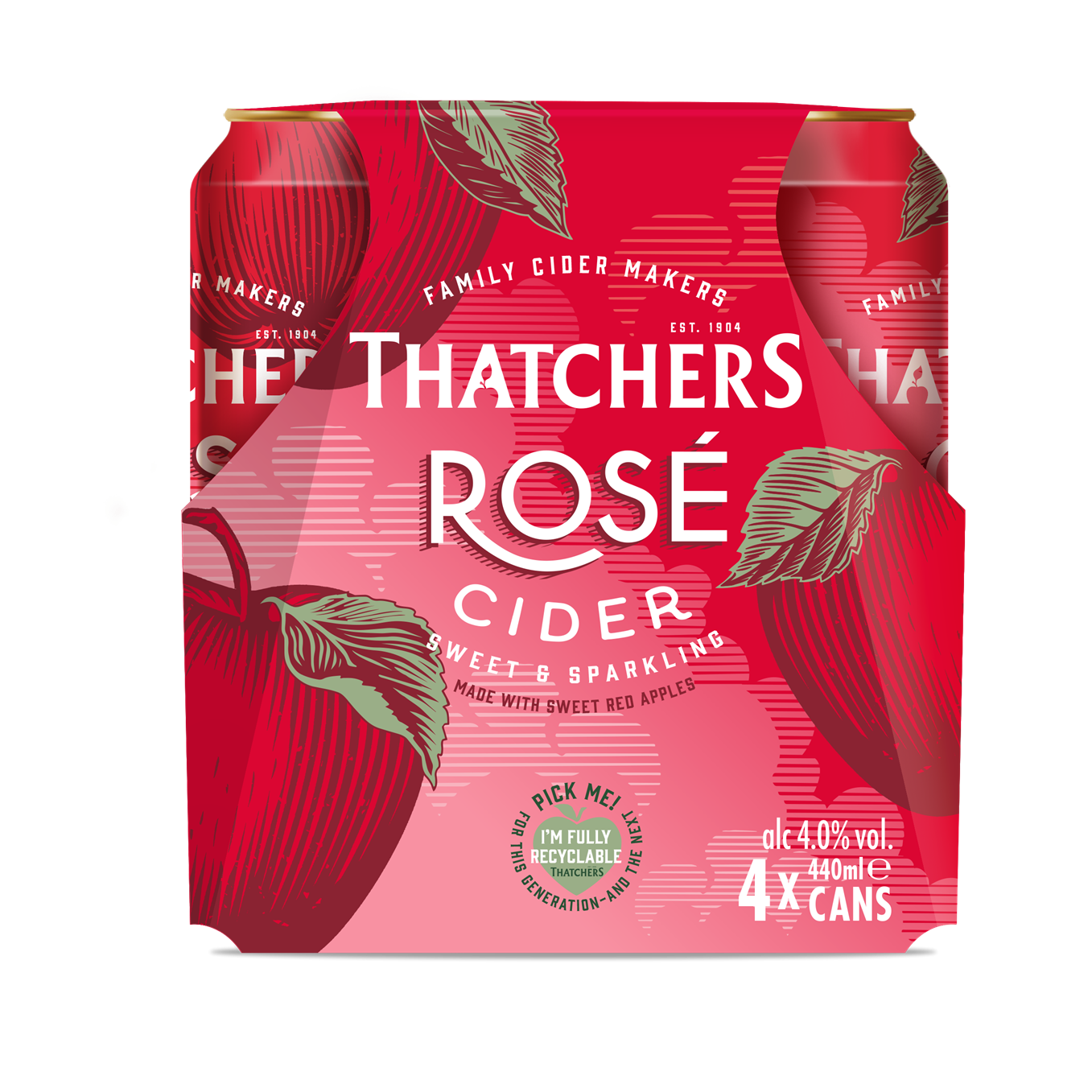 A pack of Thatchers Rose cider cans, with an image of red apples and leaves on the label, indicating a sweet, family-made cider.
