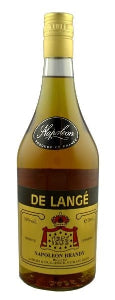 This image features a bottle of De Lange Brandy, specifically a 35cl version, from a six-bottle pack. The bottle is elegantly designed with a gold-colored label that includes the name "De Lange" and "Napoleon Brandy," indicating its premium quality.