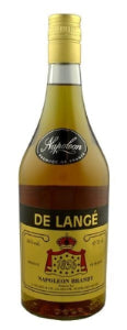 A bottle of De Lange Brandy with a yellow label and red text, indicating the brand and type of liquor.