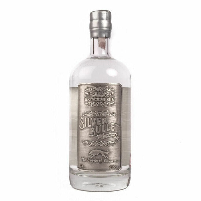 A bottle of WICKED WOLF SILVER BULLET GIN with a label and branding on the front.