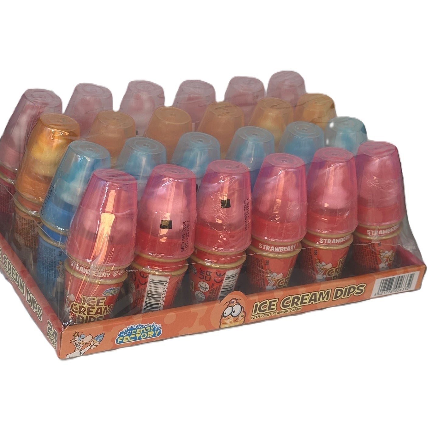 A box containing multiple containers of ice cream dips in a variety of colors.