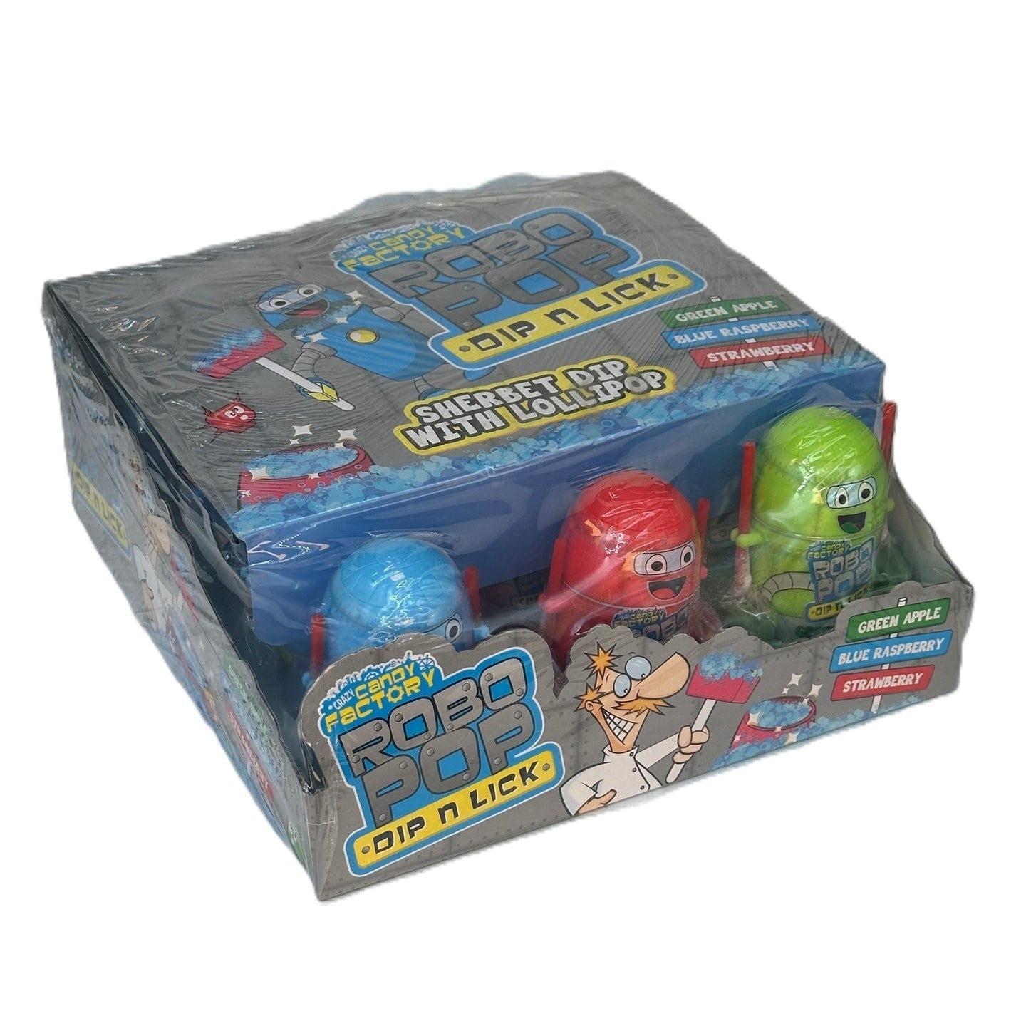 A box of ROBO POP DIP & LICK X 12 candies featuring colorful packaging with multiple colors visible on the candies.