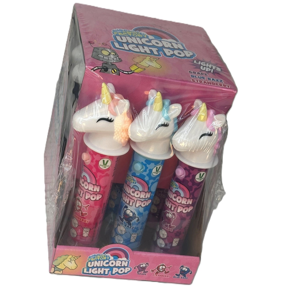 A pack of Unicorn Light Popsicles displayed in front of a pink backdrop, with visible popsicles in purple, pink, and blue colors topped with unicorn horn and eye details.