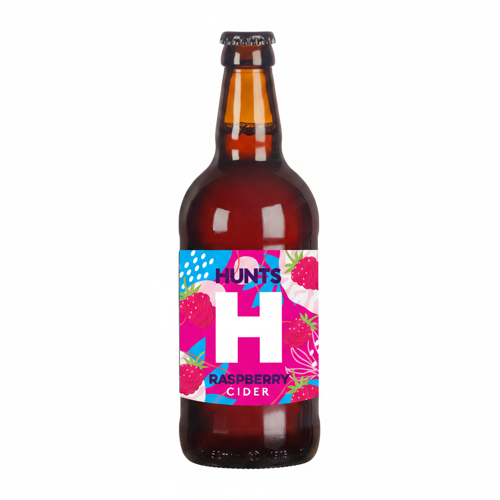A bottle of Hunts Cider Raspberry with a colorful label featuring an 'H' logo, raspberries, and floral design.