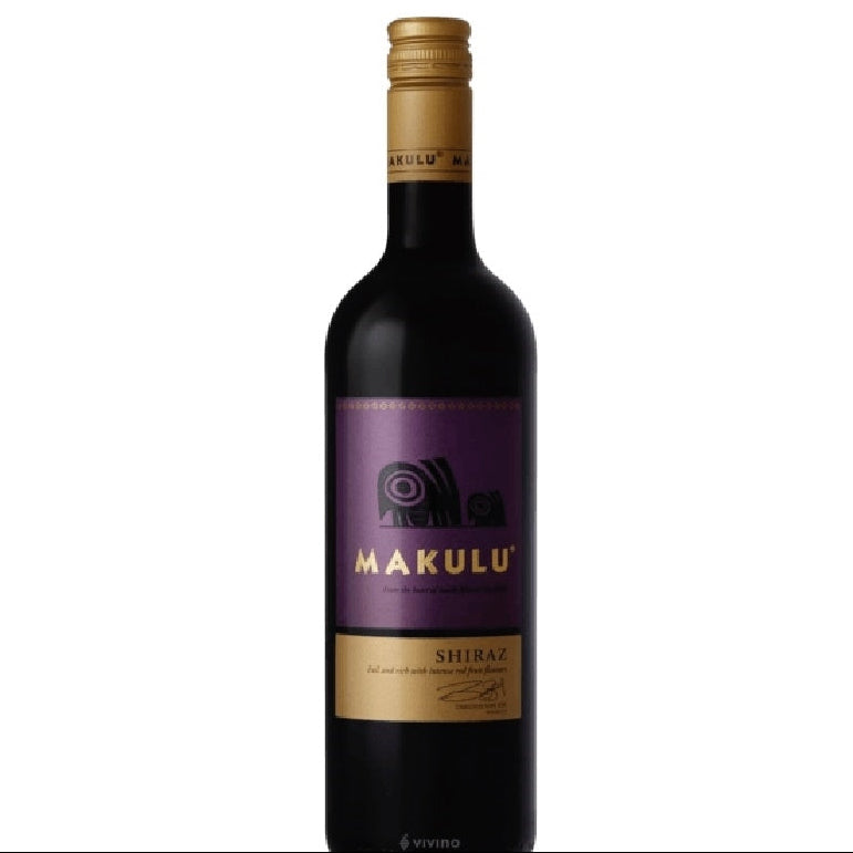 A bottle of Makulu Shiraz red wine with a dark glass body, a purple and gold label, and a gold foil cap, shown against a plain white background.