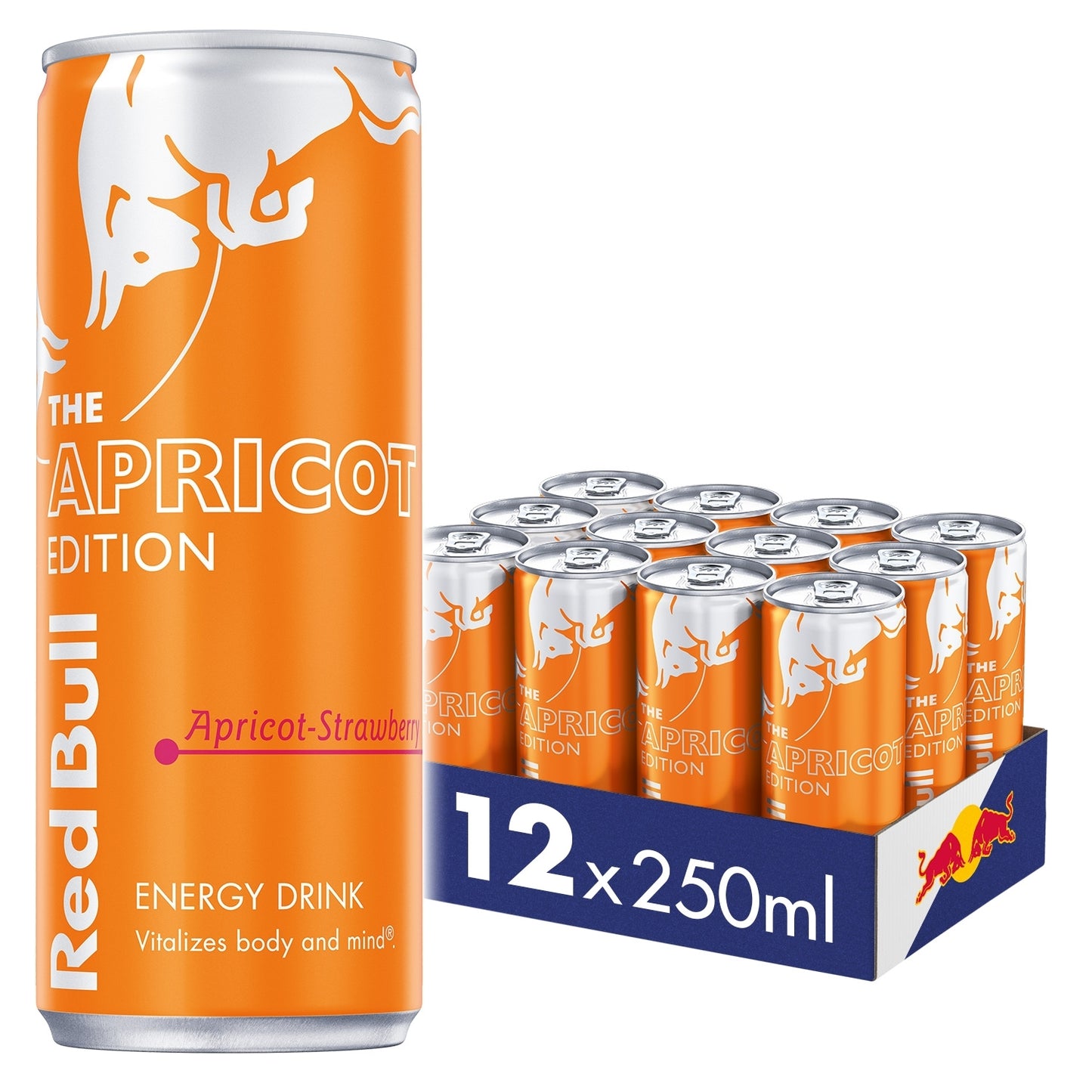 Orange Red Bull energy drink can with packaging displaying 12 cans.
