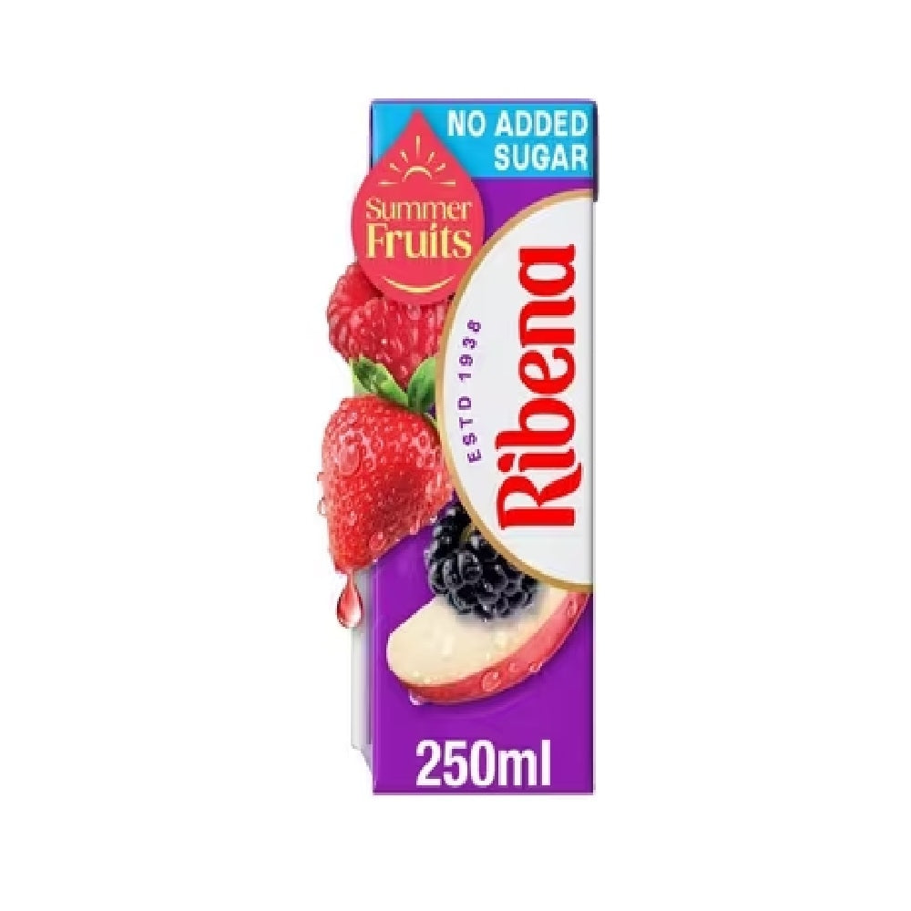 A 250ml carton of Ribena Summer Fruits juice on a plain white background. The packaging features a purple base, a white central column with the red 'Ribena' logo, and illustrations of fresh strawberries, blackberries, and a peach slice, along with a blue banner stating 'NO ADDED SUGAR'.