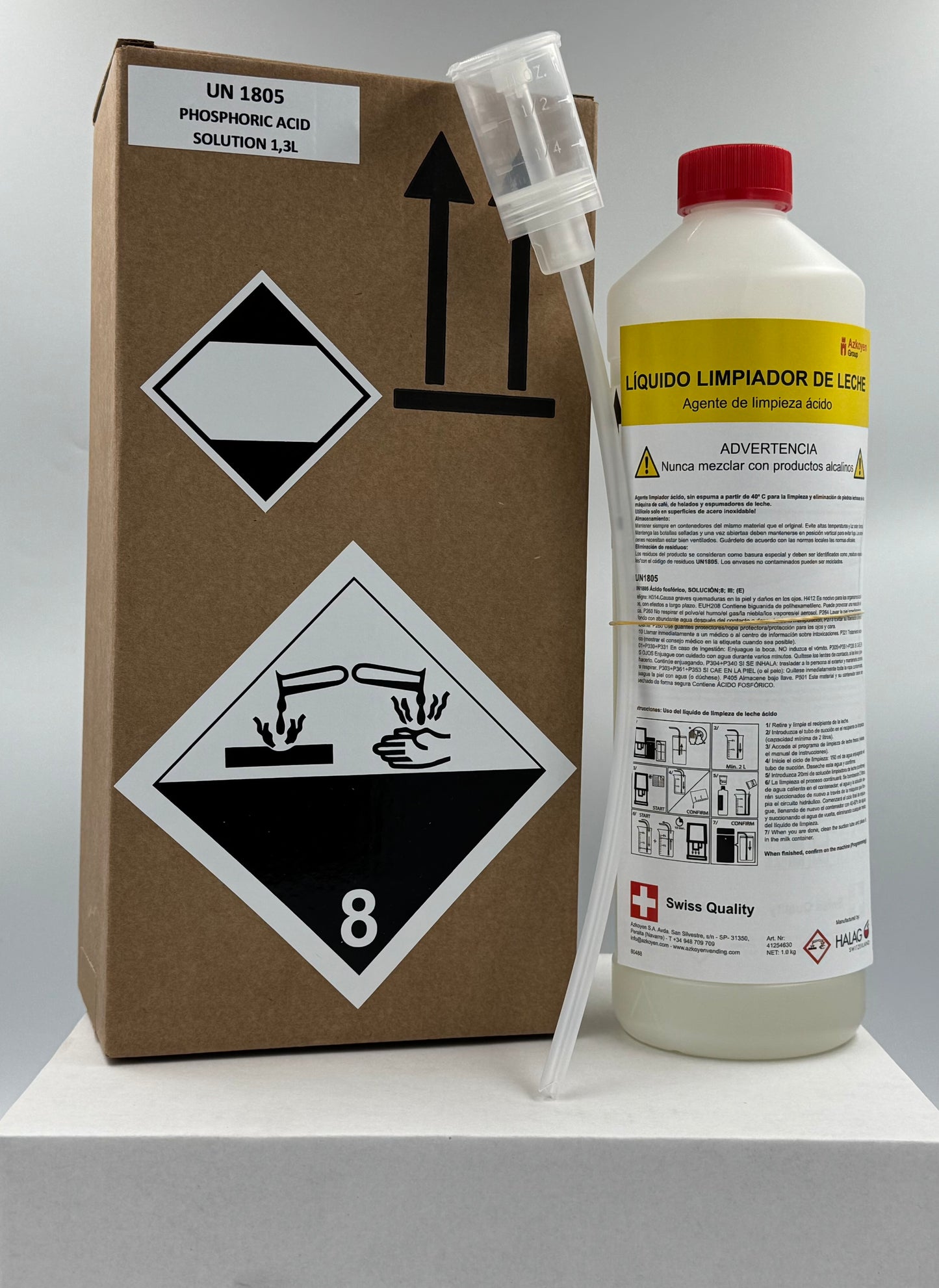 Bottle of liquid with a spray nozzle and a cardboard box with hazard symbols on a white background