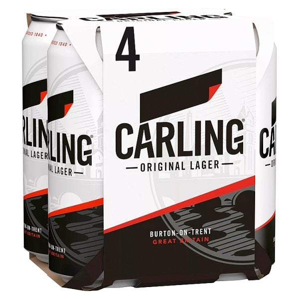 Pack of Carling Original Lager beer cans with a white background