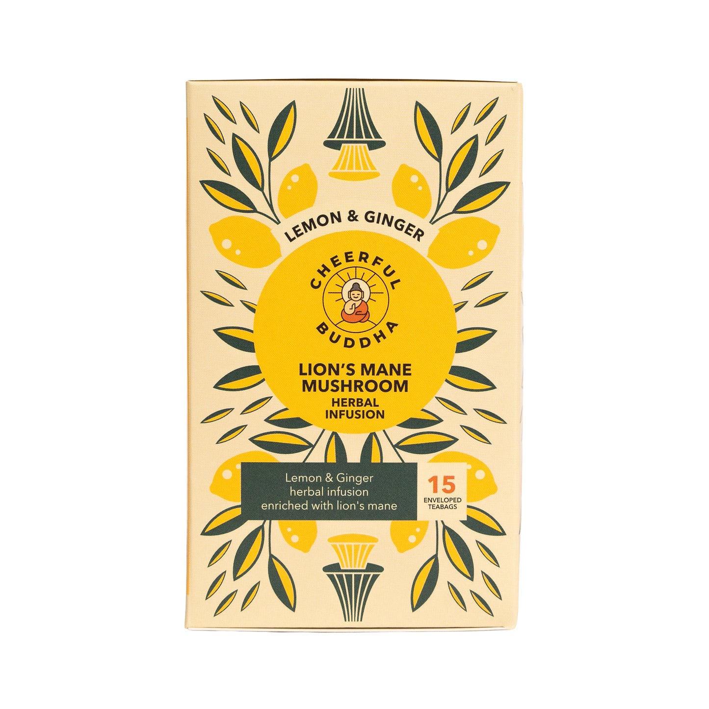 Cheerful Buddha Lion's Mane Mushroom herbal infusion package with lemon and ginger design on a beige background