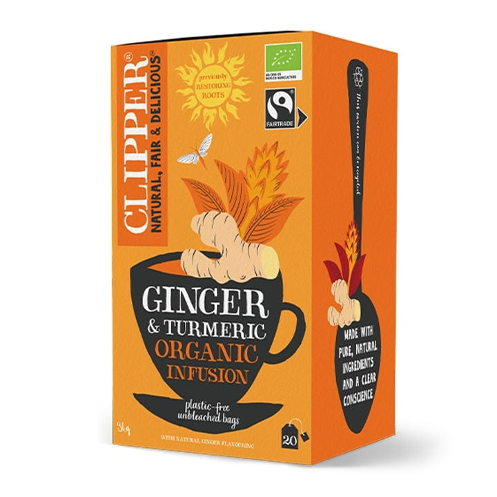 Box of Clipper Ginger and Turmeric loose tea in a cardboard packaging with an illustration of a tea cup and leaves on the front.