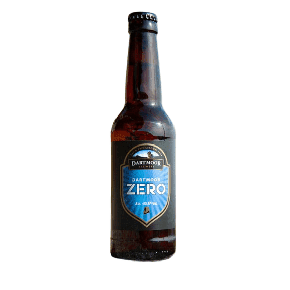 A single bottle of Dartmoor Zero non-alcoholic malt beverage in a dark brown glass bottle with a blue and gold label, set against a plain white background.