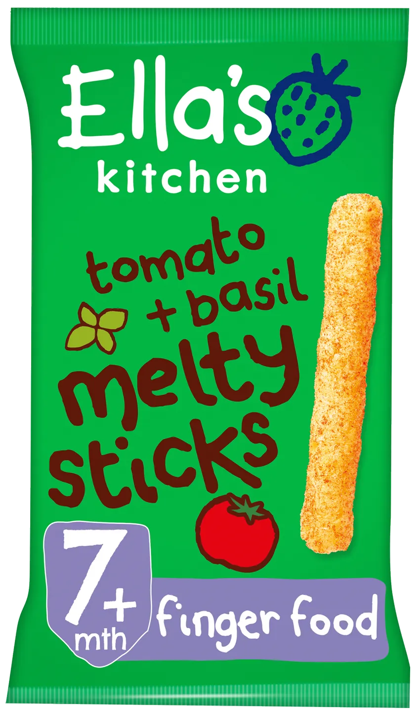 Packaging for Ella's Kitchen Tomato & Basil Melty Sticks, a baby snack food. The package is green with images of tomatoes and basil, and a graphic of the product name, 'Melty Sticks', is visible.